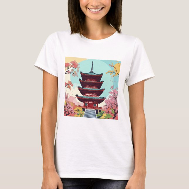 Serene Pagoda inmitten blühender Bäume - Japanisch T-Shirt (Vorderseite)