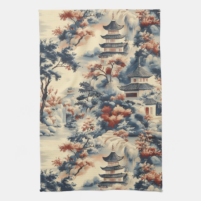 Serene Pagodas in einer Bergwelt Geschirrtuch (Vertikal)