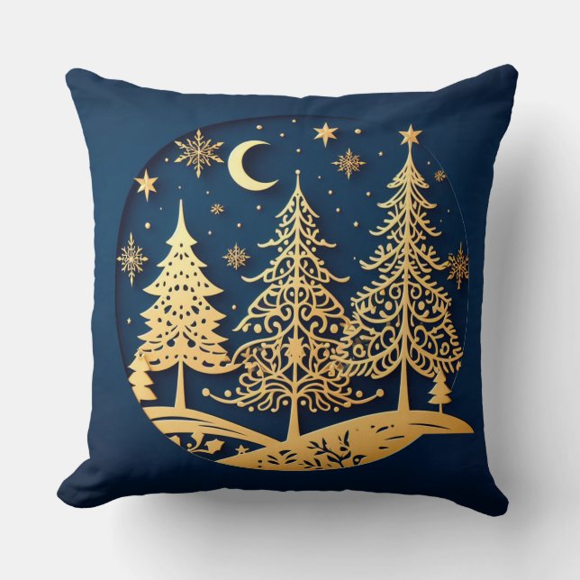 Serene Papercut Pines – Moonlit Forest Kissen (Vorderseite)