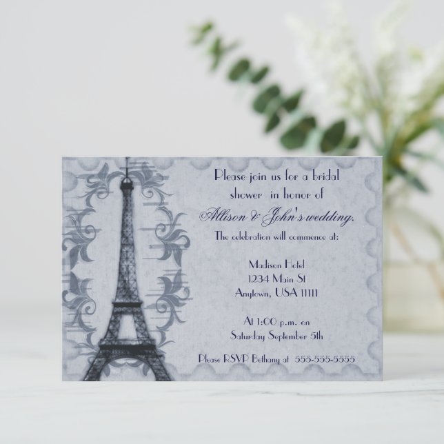 Serene Paris Grunge Bridal Dusche Einladung (Stehend Vorderseite)
