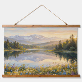 Serene Pastel Landscape Tapestry – Mountains, Lake Wandteppich Mit Holzrahmen