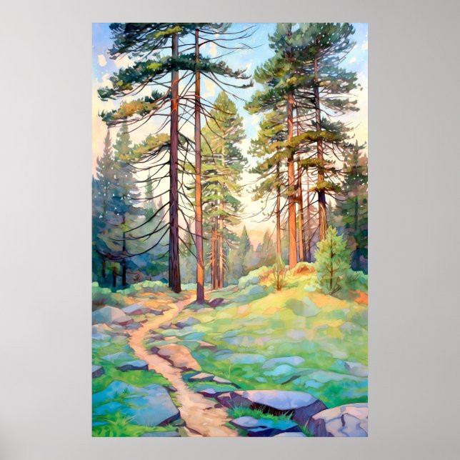 Serene Pine Forest Aquarell Kunst, Dichtung und Mu Poster (Vorne)