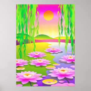 Serene Pond mit rosa Wasserlilien bei Sonnenunterg Poster