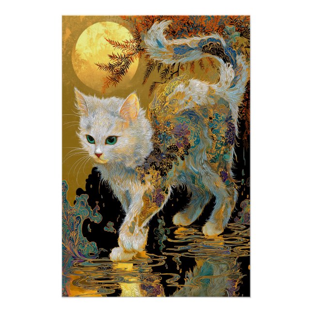 Serene Rinpa Cat | Japanischer Gold Zen Poster (Vorderseite)