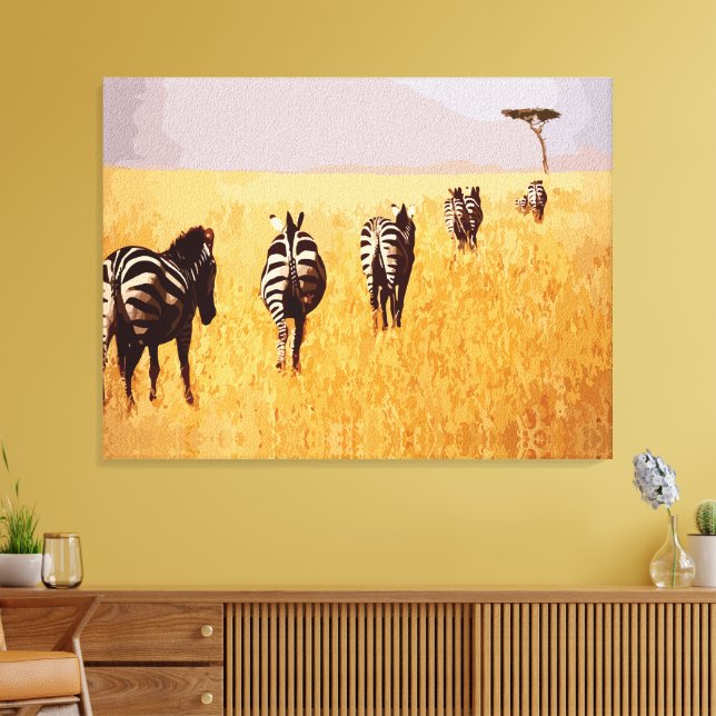 Serene Safari - Zebras im goldenen Grasland Leinwanddruck (Insitu (Wohnzimmer))