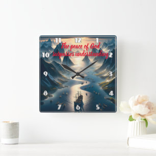 Serene Sail: Boot, Wasser, Berge Quadratische Wanduhr