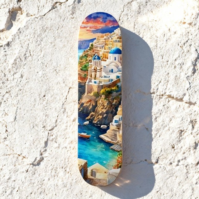 Serene "Santorini Sunset" Wasserfarbe Skateboard (Von Creator hochgeladen)