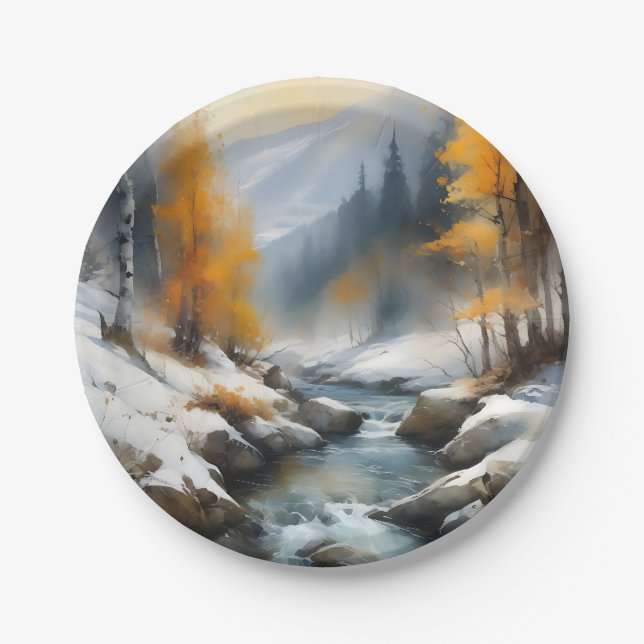 Serene schneebedeckte Flusslandschaft Pappteller (Vorderseite)