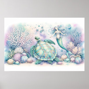 Serene Sea Turtle und Mermaid Print Poster