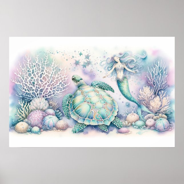 Serene Sea Turtle und Mermaid Print Poster (Vorne)