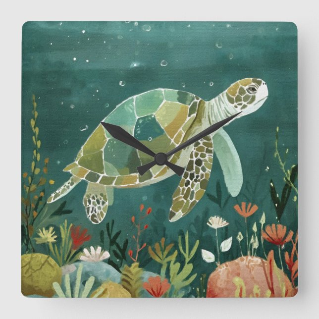 Serene Sea Turtle: Unterwasseroase Quadratische Wanduhr (Vorderseite)