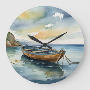 Serene Seascape: Wasserfarbene Bootuhr Große Wanduhr