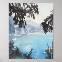 Serene Seelandschaft Aquarell-Wandkunst-Druck