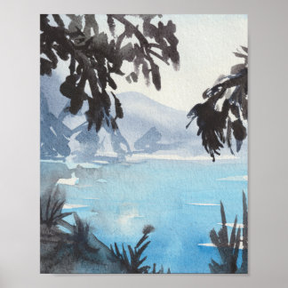 Serene Seelandschaft Aquarell-Wandkunst-Druck Poster