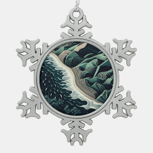 Serene Shores Schneeflocken Zinn-Ornament (Vorderseite)