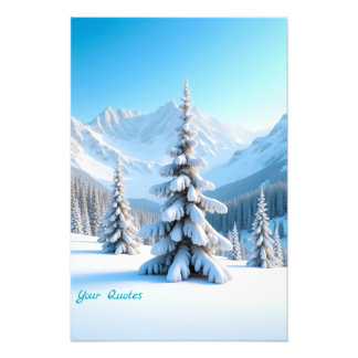 Serene Snowy Mountain Landscape & Winter Pine Tree Fotodruck
