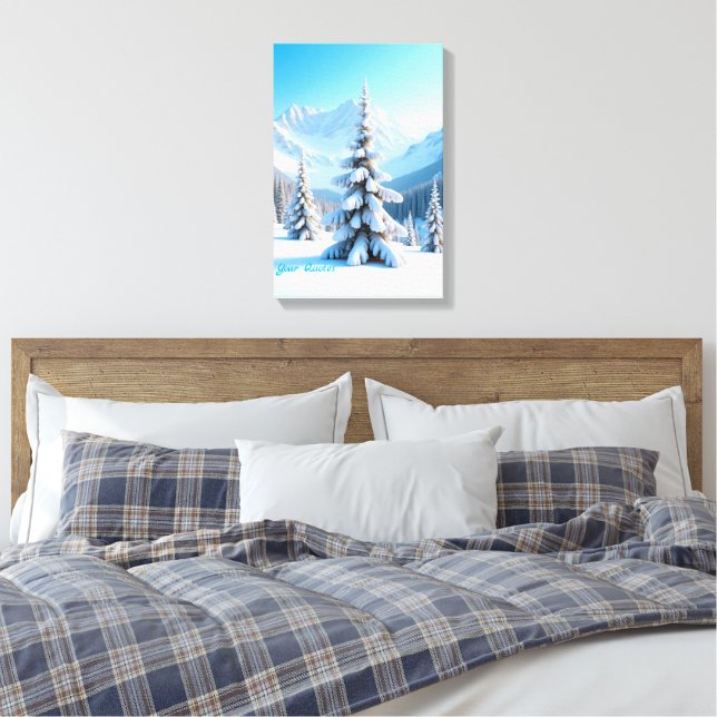 Serene Snowy Mountain Landscape & Winter Pine Tree Leinwanddruck (Insitu (Schlafzimmer))