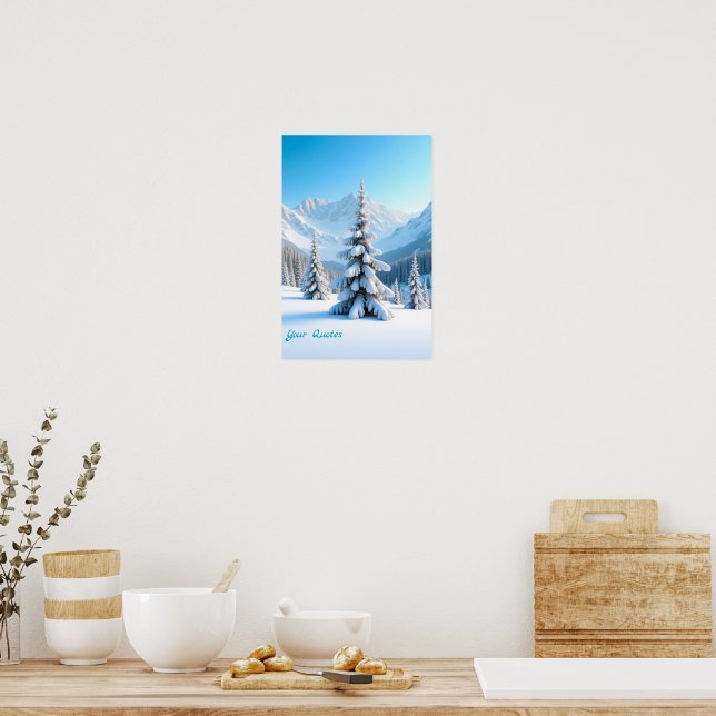 Serene Snowy Mountain Landscape & Winter Pine Tree Poster (Küche)