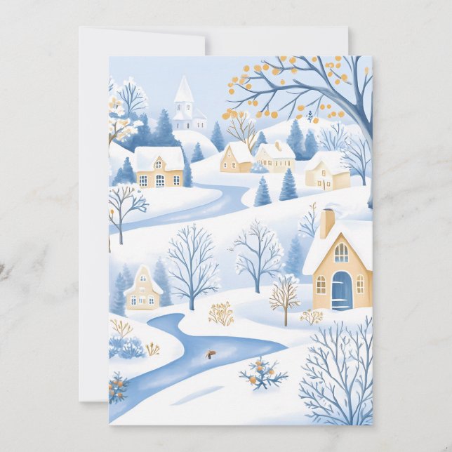 Serene Snowy Village Holiday Card Feiertagskarte (Vorderseite)