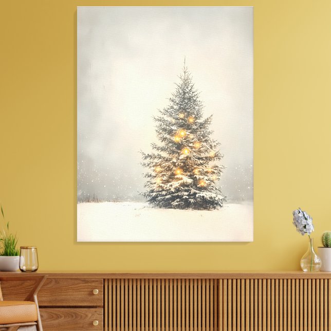 Serene Snowy Weihnachtsbaum mit Goldenem Glanz Leinwanddruck (Insitu (Wohnzimmer))