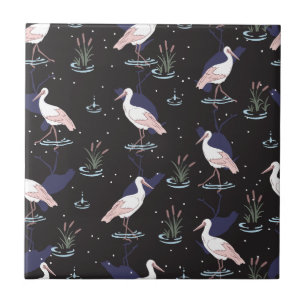 Serene Stork Pond Pattern - Elegante Spiegelungen Fliese