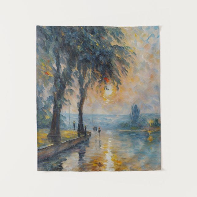 Serene Sunset by Water Impressionist Landschaft Ku Wandteppich (Vorderseite)