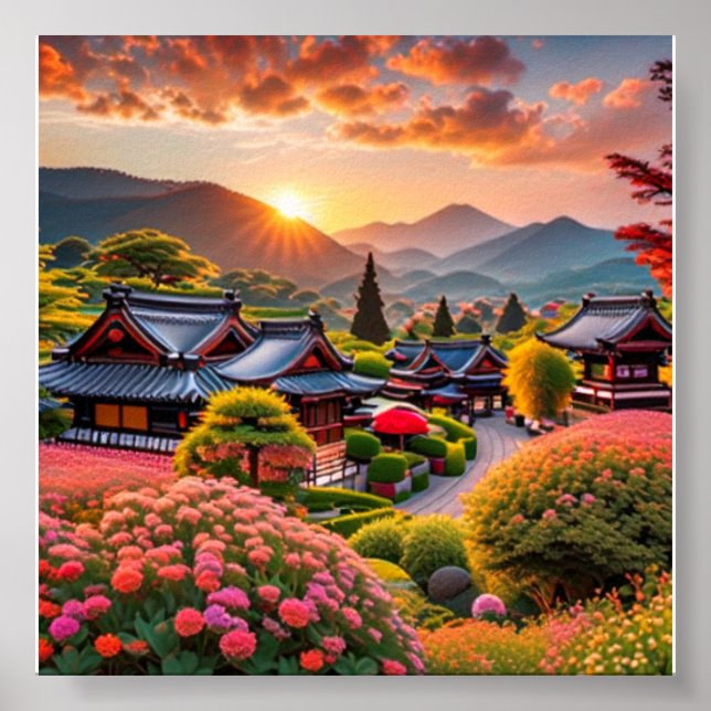 Serene Sunset Over Japanese Garden, Landschaft Poster (Vorne)