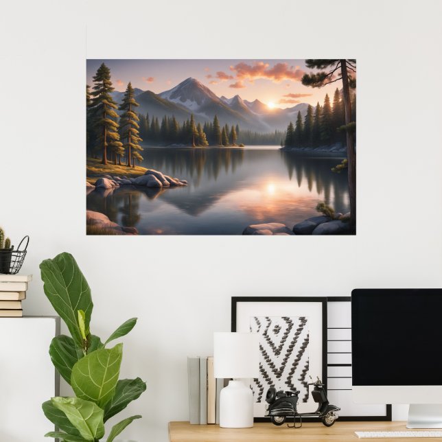 Serene Sunset Over Mountain Lake Poster (Heimbüro)