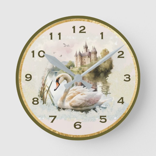 Serene Swan Scene Wall Clock Blush Runde Wanduhr (Vorderseite)