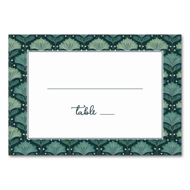 Serene Teal Botanical Leaf Border Tischnummer (Vorderseite)