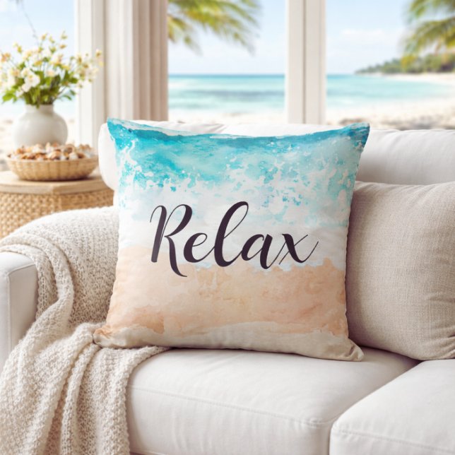 Serene Teal Coastal Ocean Waves Relax Beach Kissen (relax ocean beach pillow)