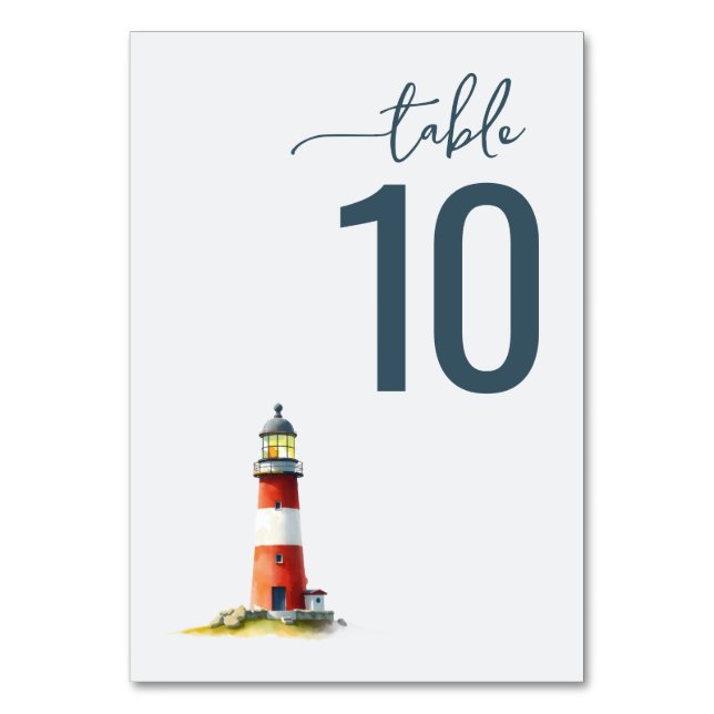Serene Teal Watercolor Lighthouse Tischnummer (Vorderseite)