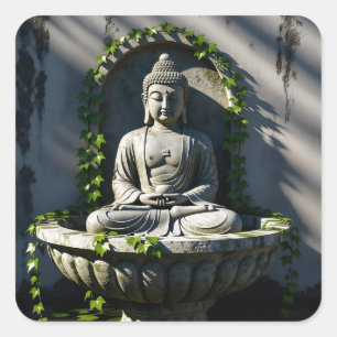 Serene Tranquil Buddha Fountain Quadratischer Aufkleber