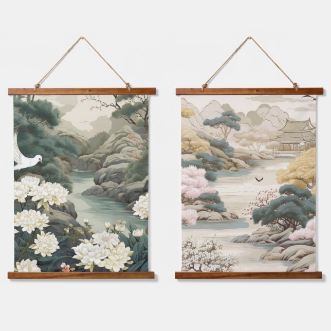 Serene Tranquility japanisches Thema Wandteppich Mit Holzrahmen (Doppelt)