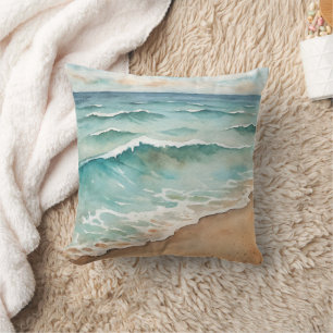 Serene Watercolor Beach Waves - Ocean Vibes Kissen