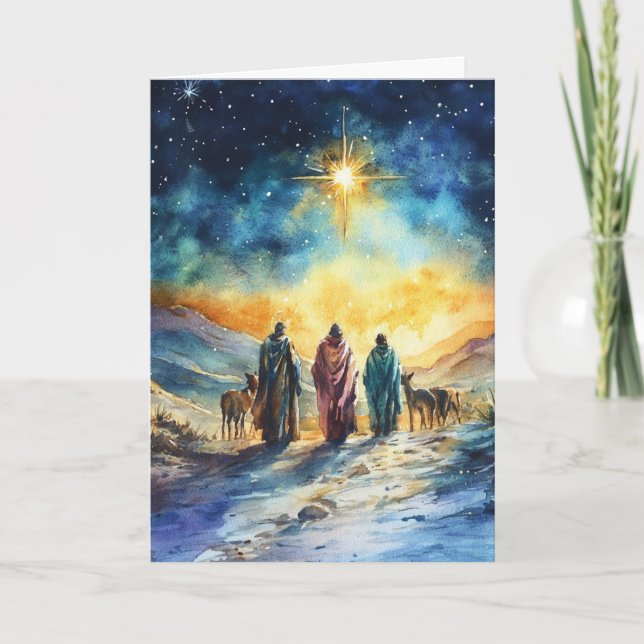 Serene Watercolor Krippe mit Weihnachtsstern Karte (Vorderseite)