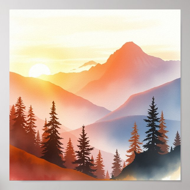 Serene Watercolor Mountain Landscape Wall Art Poster (Vorne)