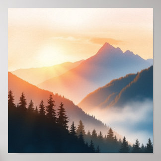 Serene Watercolor Mountain Landscape Wall Art Poster