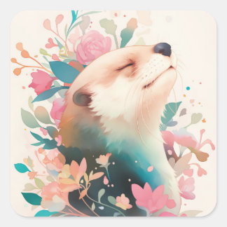 Serene Watercolor Otter Portrait Quadratischer Aufkleber