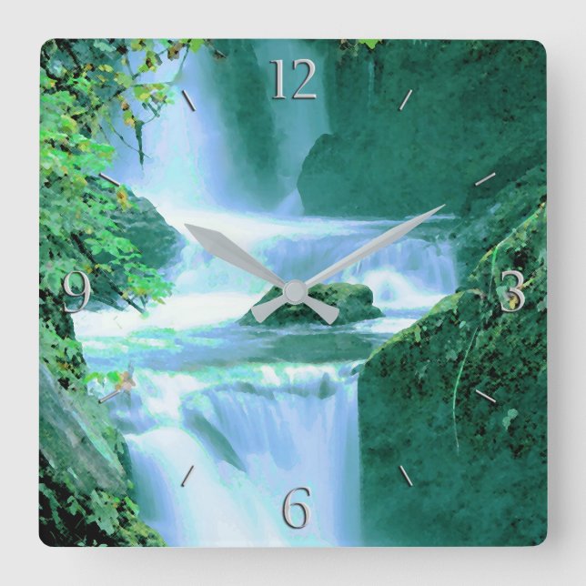 Serene Waterfall in Blau und Grün Quadratische Wanduhr (Vorderseite)