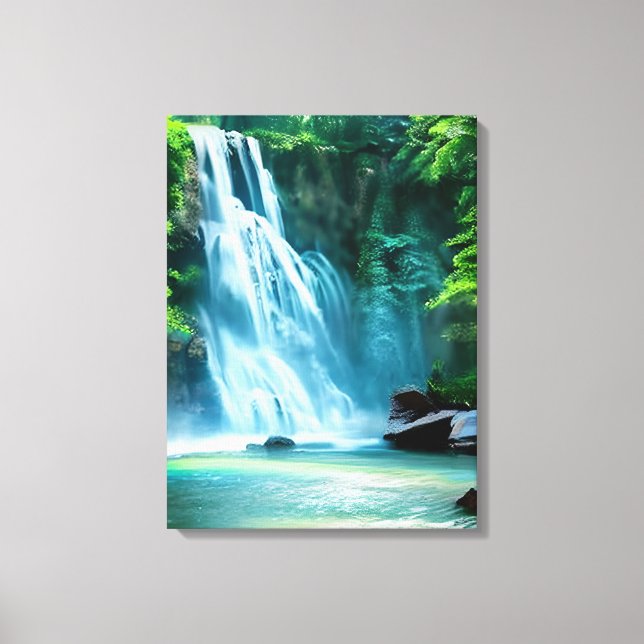 Serene Waterfall in Pale Blue und Green Leinwanddruck (Vorderseite)