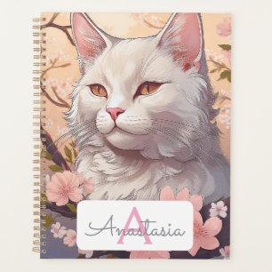 Serene White Cat Planner mit Name und Monogramm Planer