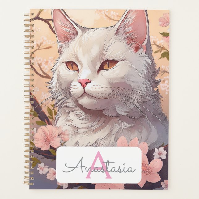 Serene White Cat Planner mit Name und Monogramm Planer (Vorderseite)