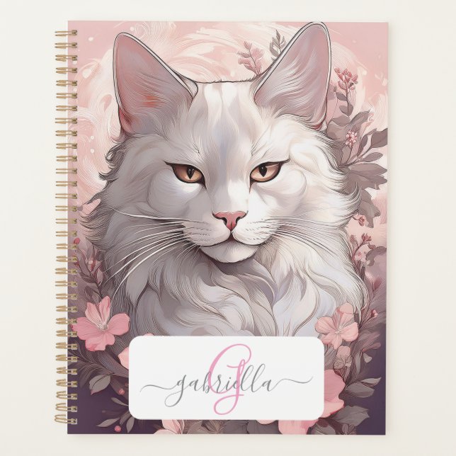 Serene White Cat Planner mit Name und Monogramm Planer (Vorderseite)