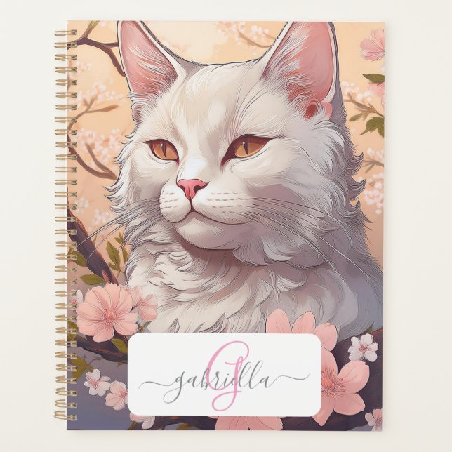 Serene White Cat Planner mit Name und Monogramm Planer (Vorderseite)