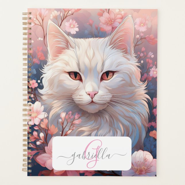 Serene White Cat Planner mit Name und Monogramm Planer (Vorderseite)