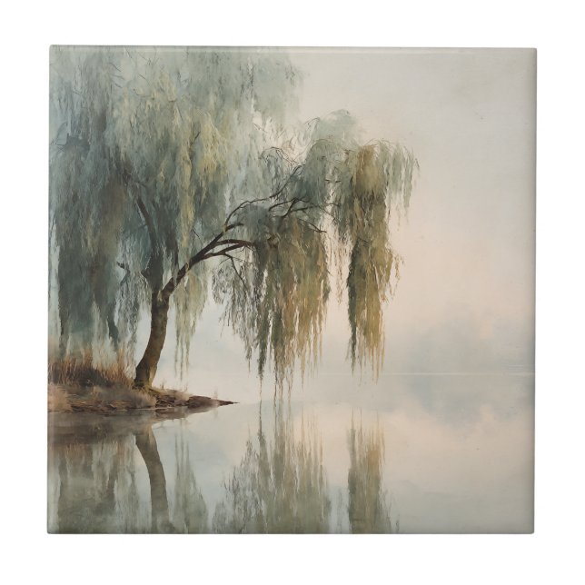 Serene Willow Tree Reflection Nature Art (13) Fliese (Vorderseite)