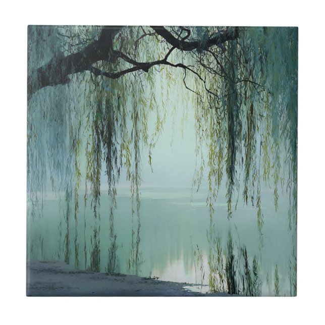 Serene Willow Tree Reflection Nature Art (4) Fliese (Vorderseite)