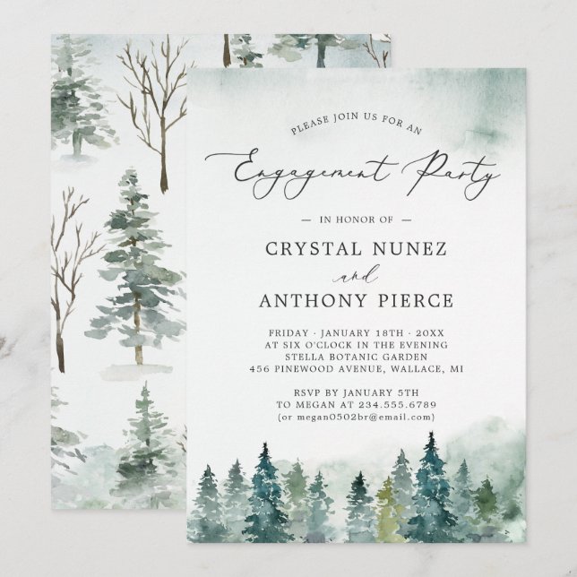 Serene Winter Forest Pine Tree Engagement Party Einladung (Vorne/Hinten)