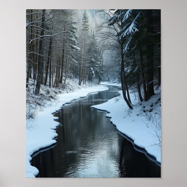 Serene Winter River Flowing Through Snowy Forest Poster (Vorne)